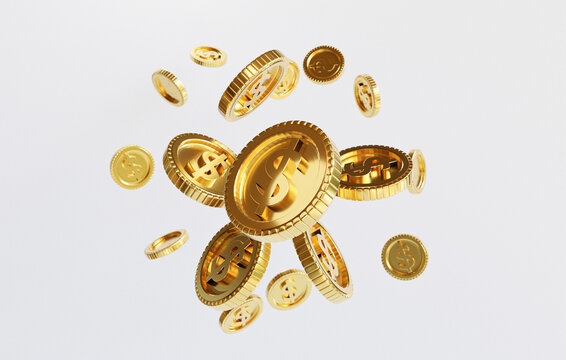 Isolation of US dollar golden coins flying on white background for investment and deposit saving concept by 3d render.