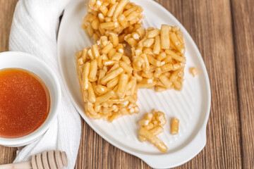 Chak-chak with honey.Tatar national traditional sweet dessert. Homemade baking