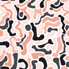 Seamless abstract pattern. Coral, gray, blue waves, round on a white background. Design for clothes, fabric, wrapping paper, wallpaper. Beautiful colors of muted tones. Vector illustration.