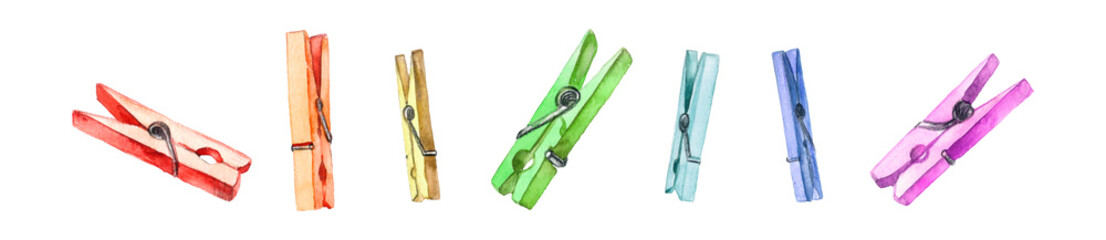 Set watercolor multicolored clothespin isolated on white background. Clipping Path.