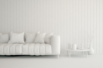 Mock up of stylish room in white color with sofa. Scandinavian interior design. 3D illustration