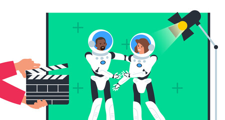 movie production scene actors man and woman in astronaut costume on green screen background hands with clapper vector illustration