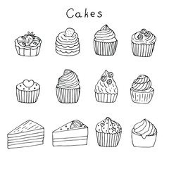 Set of cakes cupcakes and pieces vector illustration, hand drawing doodles