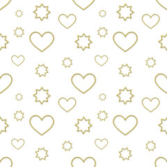 Seamless pattern with gold shapes of stars and hearts on a white background.