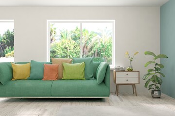 White living room with sofa and summer landscape in window. Scandinavian interior design. 3D illustration
