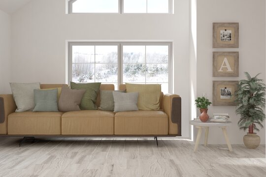 Modern living room in white color with sofa and winter landscape in window. Scandinavian interior design. 3D illustration