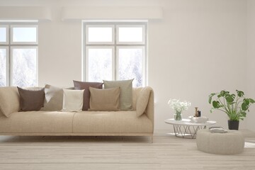 White living room with sofa and winter landscape in window. Scandinavian interior design. 3D illustration