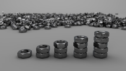 Pile of metal nuts, concept of business and industrial growth, 3D illustration
