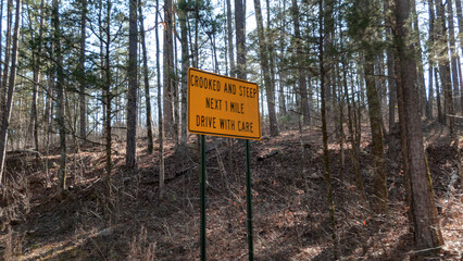 Crooked and Steep sign, drive with care, Arkansas mountain road signage