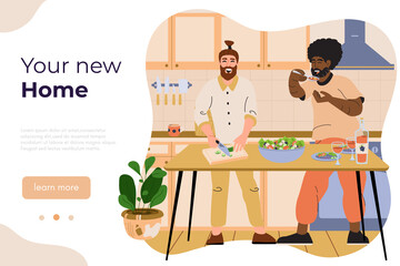 Happy family bought a new house. Cheerful LGBT couple cooking in kitchen of their new home. Real estate agency web banner template. Flat vector illustration