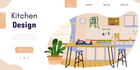 Kitchen interior design vector banner. Dining room decoration. Modern interior design service. Home renovation studio. Ad template for designing interiors online service