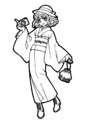 An anime-style coloring book illustration of a girl in a kimono