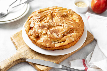 Traditional apple pie on a white plate on a light culinary background. Charlotte pie on a platter closeup. Delicious homemade cakes on the kitchen table
