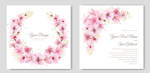 Fototapeta na wymiar watercolor cherry blossom wedding invitation card set