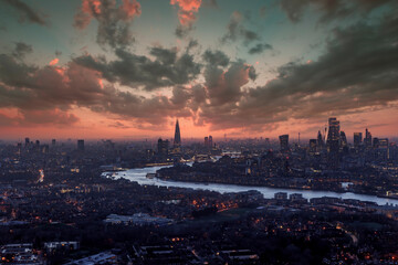 Panoramic, aerial view of the urban skyline of London, England, during dusk