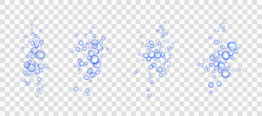 Effervescent water or oxygen fizz, blue air bubbles realistic 3d vector illustration. Moving underwater fizzing. Champagne or soda drink design elements isolated on transparent background.