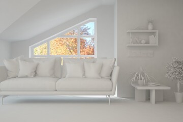 Stylish room in white color with sofa and autumn landscape in window. Scandinavian interior design. 3D illustration