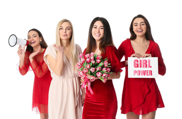 Beautiful women with flowers and megaphone holding paper with text GIRL POWER on white background