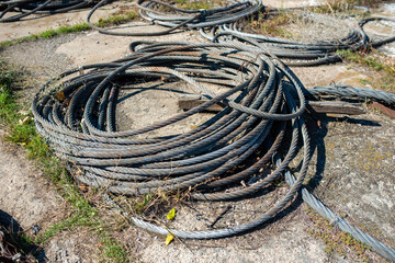 Metal mooring cable in port, close-up