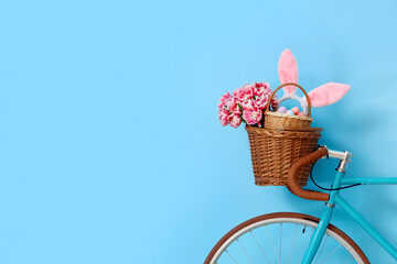 Bicycle with baskets, tulips, Easter eggs and bunny ears near blue wall