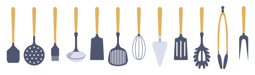 Kitchen utensils icons set in cartoon style. Collection of Silicone Kitchen tools with wooden handles. Bundle of cooking utensils items. Vector illustration - obrazy, fototapety, plakaty