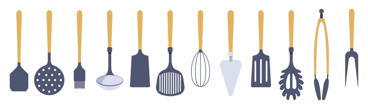 Kitchen utensils icons set in cartoon style. Collection of Silicone Kitchen tools with wooden handles. Bundle of cooking utensils items. Vector illustration