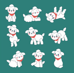 Set of cute poodles in different poses. Collection of dog icons. Funny stickers of puppies. Vector illustration.