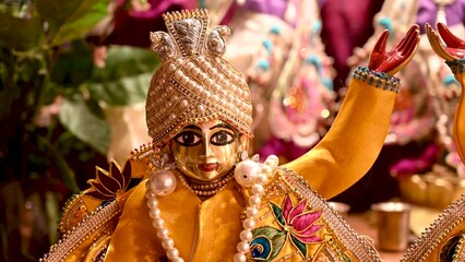 Altar in the Hare Krishna temple, close up. Deities. Home altar for deity worship.