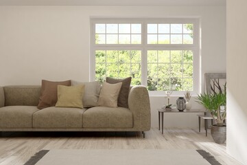 White living room with sofa and summer landscape in window. Scandinavian interior design. 3D illustration