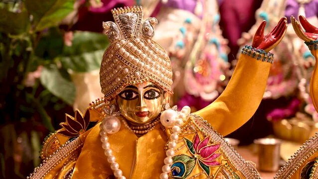 Altar in the Hare Krishna temple, close up. Deities. Home altar for deity worship.
