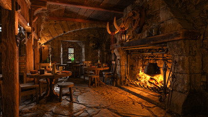 Fireside tables with food and drink in a medieval fantasy tavern. 3D rendering. - obrazy, fototapety, plakaty