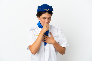 Airplane stewardess caucasian woman isolated on white background is suffering with cough and feeling bad