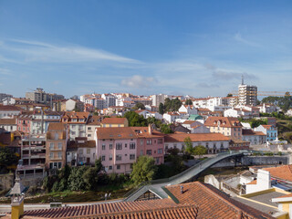 Leiria, Portugal, August 29, 2021: Panoramic view of Leiria downtown cityscape with Lis River canal.