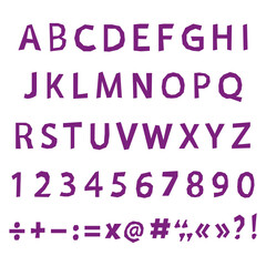 English alphabet. Velvet violet color. Lettering for design greeting cards, print design. Hand-drawn font. Vector illustration. Punctuation marks. Purple color. Cartoon style, doodling.