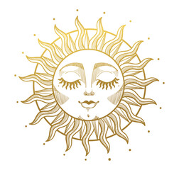 Golden mystical sun with a boho-style face. Element for design, tattoo, stickers. Linear vector illustration isolated on white background.