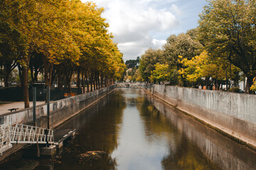 Leiria, Portugal, August 29, 2021: View of Lis River in the city of Leiria, Portugal. Leiria is a city and a municipality in the Center Region of Portugal. Bridge over River Lis and Polis Via.