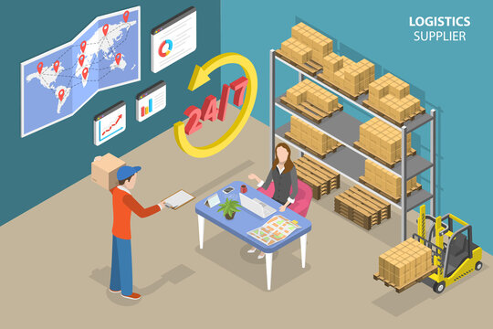3D Isometric Flat Vector Conceptual Illustration of Logistics Supplier, Global Delivery and Transportation