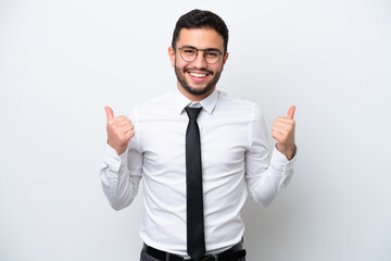 Business Brazilian man isolated on white background with thumbs up gesture and smiling