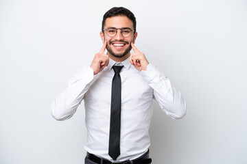 Business Brazilian man isolated on white background smiling with a happy and pleasant expression