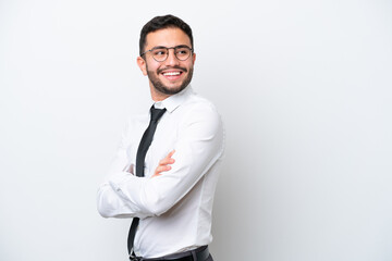 Business Brazilian man isolated on white background with arms crossed and happy