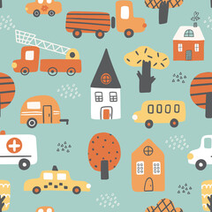 Childish seamless pattern with colorful buildings, trees, cars. Can be used for textile, print, wallpaper, nursery.