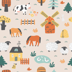 Childish seamless pattern with houses, animals and trees.