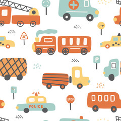 Childish seamless pattern with colorful cars and road signs. Can be used for textile, print, wallpaper, nursery.