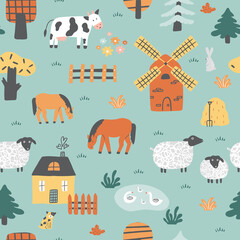 Childish seamless pattern with houses, animals, and trees. Can be used for textile, print, wallpaper, nursery.