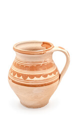 Traditional Romanian clay pot with handle on white background