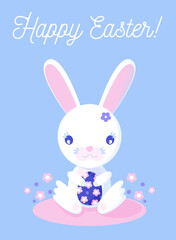 Happy Easter. White bunny holding Easter egg, vector illustration.