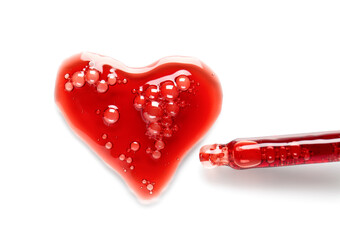 Heart-shaped drop of cosmetic serum on white background