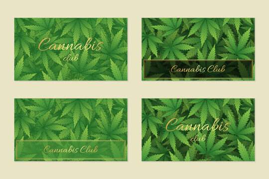 Vector set of four business cards for cannabis club or shop. 3d backgrounds of graphic marijuana leaves.