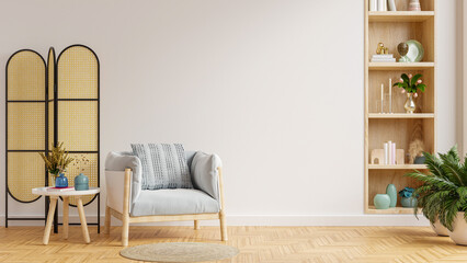 Modern and minimalist interior of living room interior with armchair on empty white wall background.