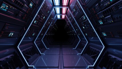 Science background fiction interior rendering sci-fi spaceship corridors blue light and red light.